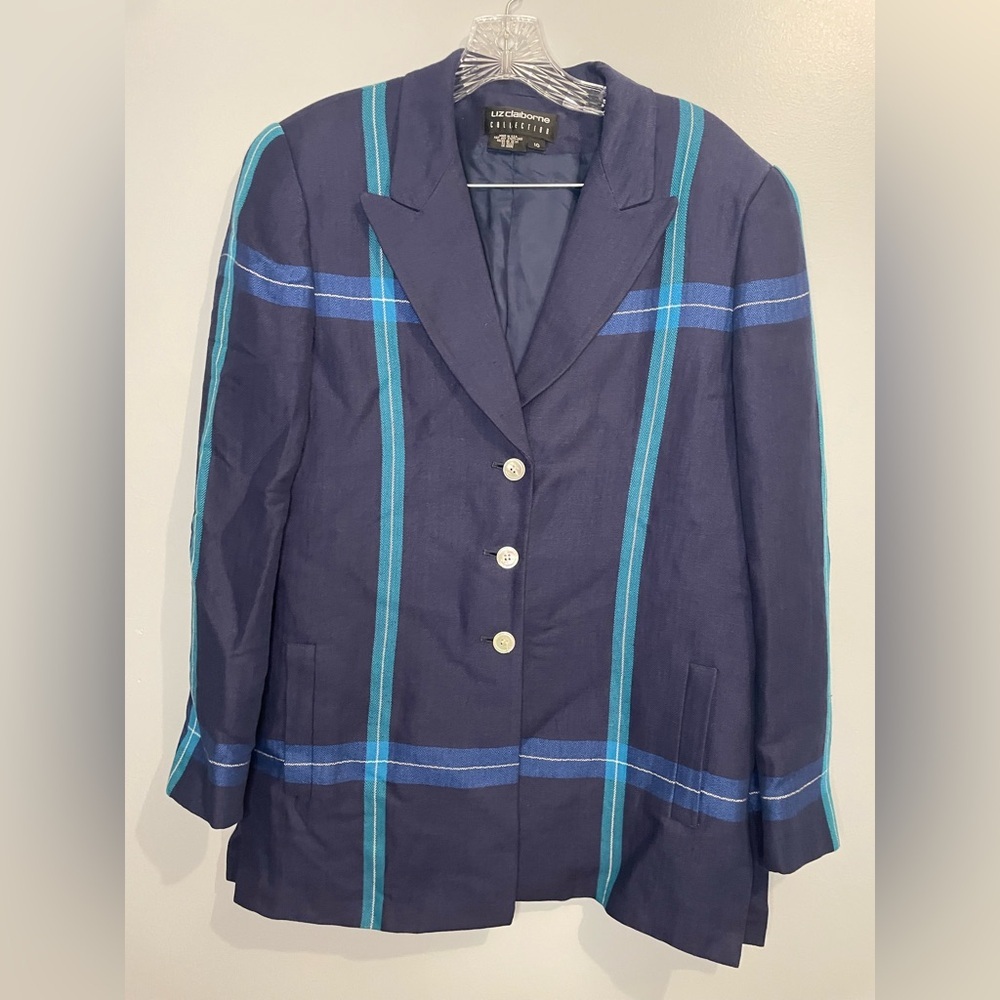 Liz Clairborne Women’s Blazer Blue Navy Plaid Vintage Union Made 10 Linen-blend